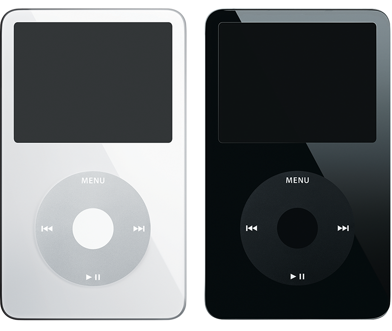 White and black iPod Video with plastic fronts; 5th and 5.5th generations share this appearance.