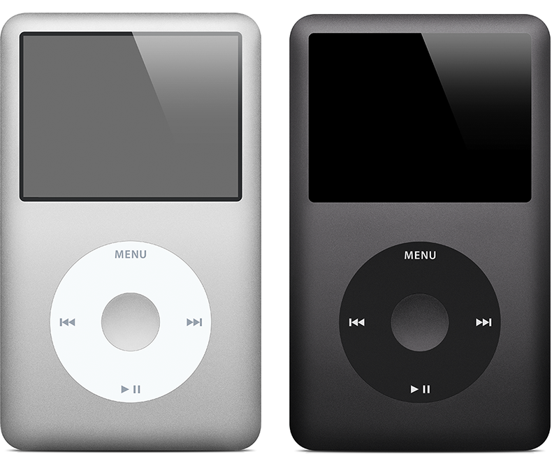 Silver and dark iPod Classic with metal fronts; confirm the model code to distinguish 6th, 6.5th and 7th generations.